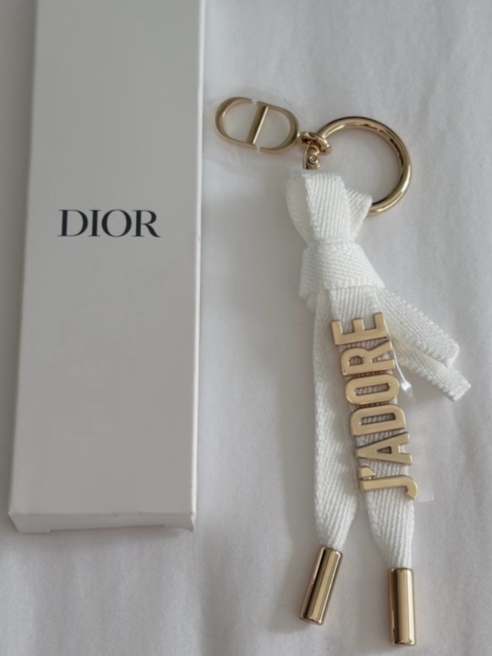 Dior White Ribbon J'ADORE Key Holder with Gold Hardware